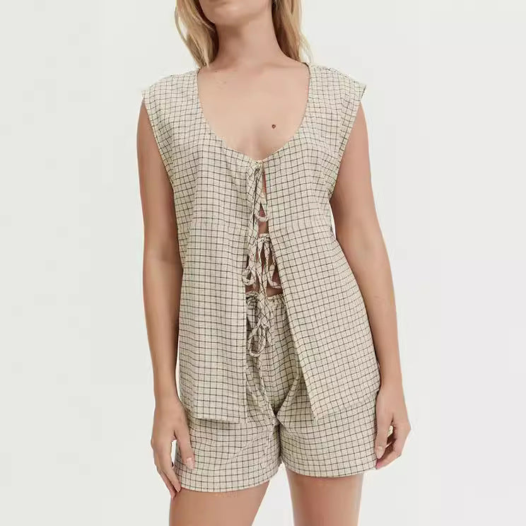 Women's Fashion Gingham Tie Top and Shorts Set