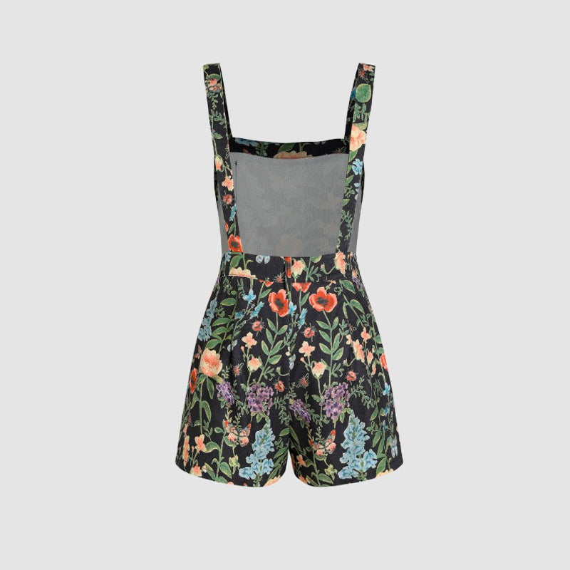 Women's Plant Print Button Strap Jumpsuit Romper