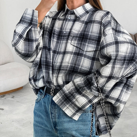 Black And White Plaid Shirt Loose Shacket Women's