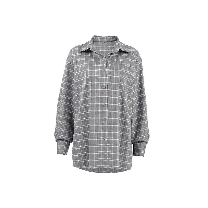 Fashion Polo Collar Gray Plaid Shirt