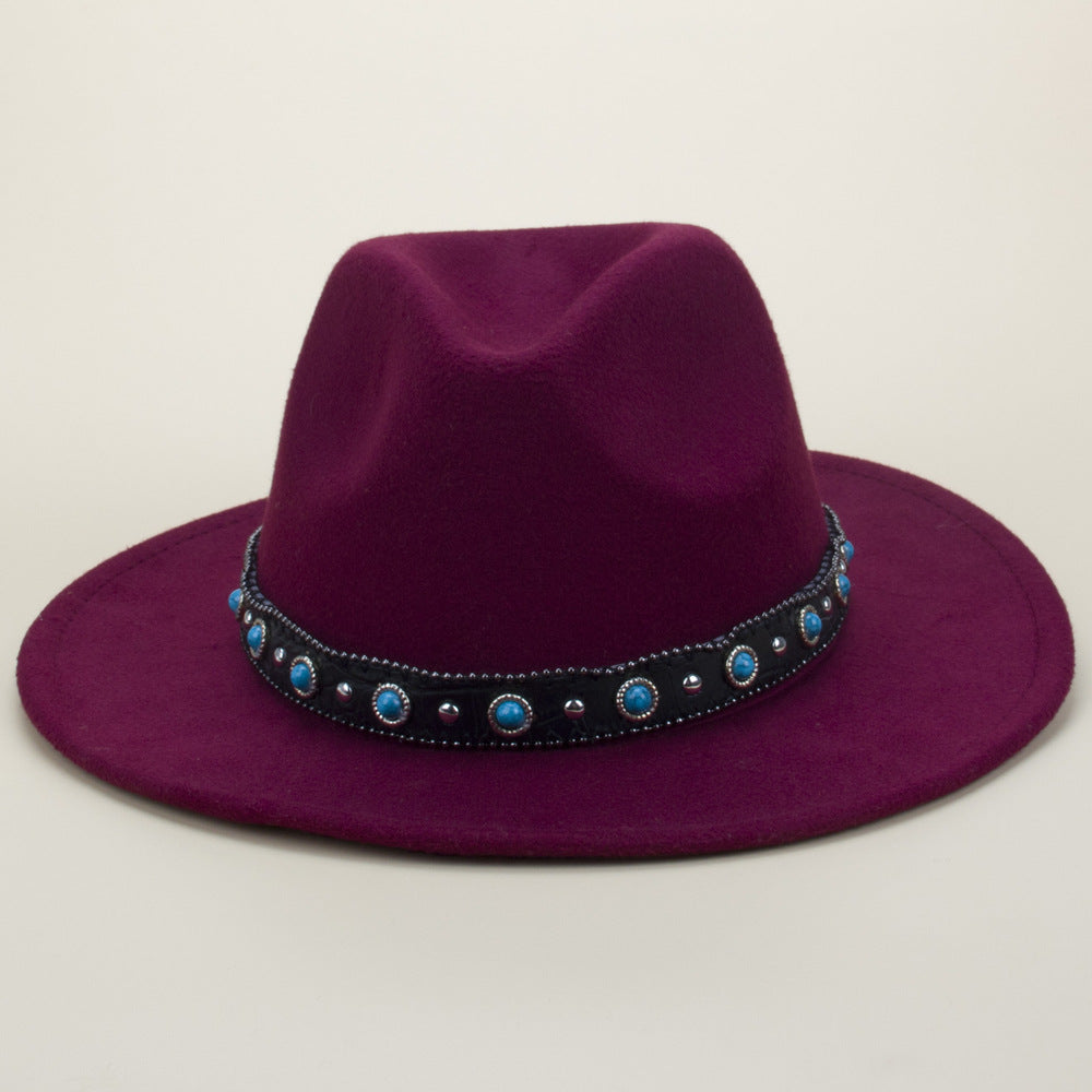 Bohemian Style Woven Leather Belt Denim Fur Felt Hat