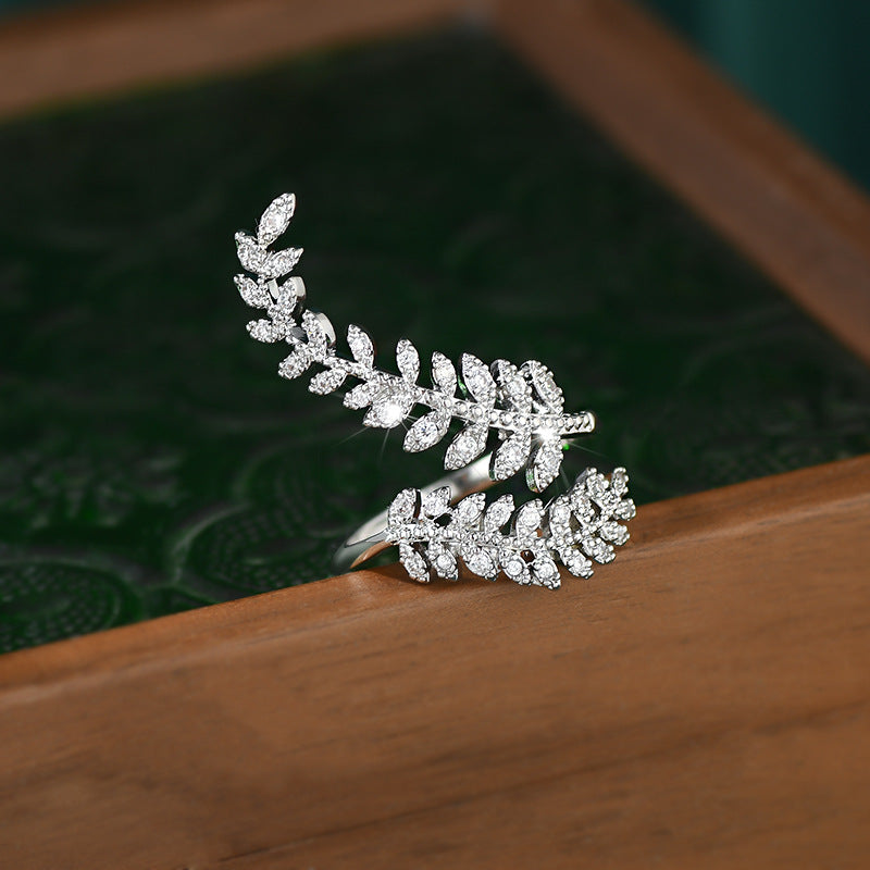 Micro-inlaid Diamond Fern Super Shiny Leaves Open Ring For Women