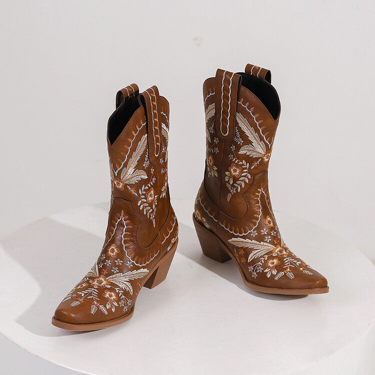 Western Embroidered Denim Retro Square Head High Leg Boot Thick