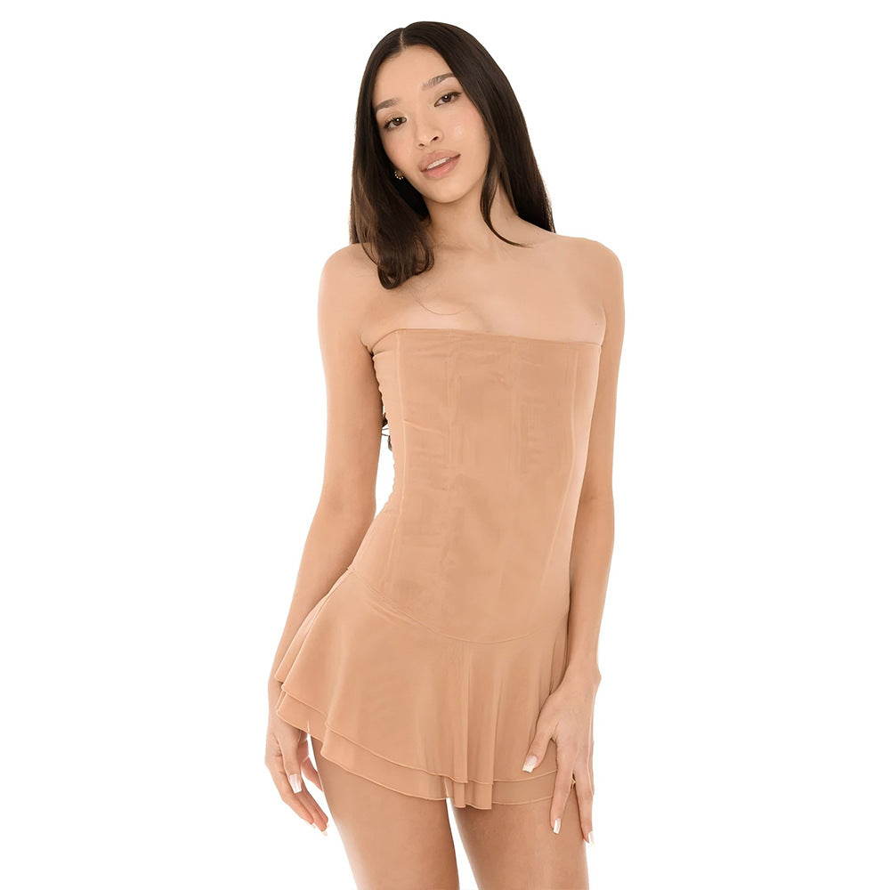 Mesh Corset Solid Micro Mini Dress