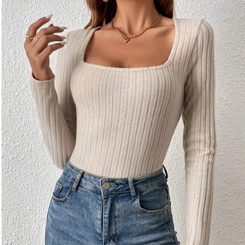 V-neck Long Sleeve Sunken Stripe One-piece Autumn And Winter Women