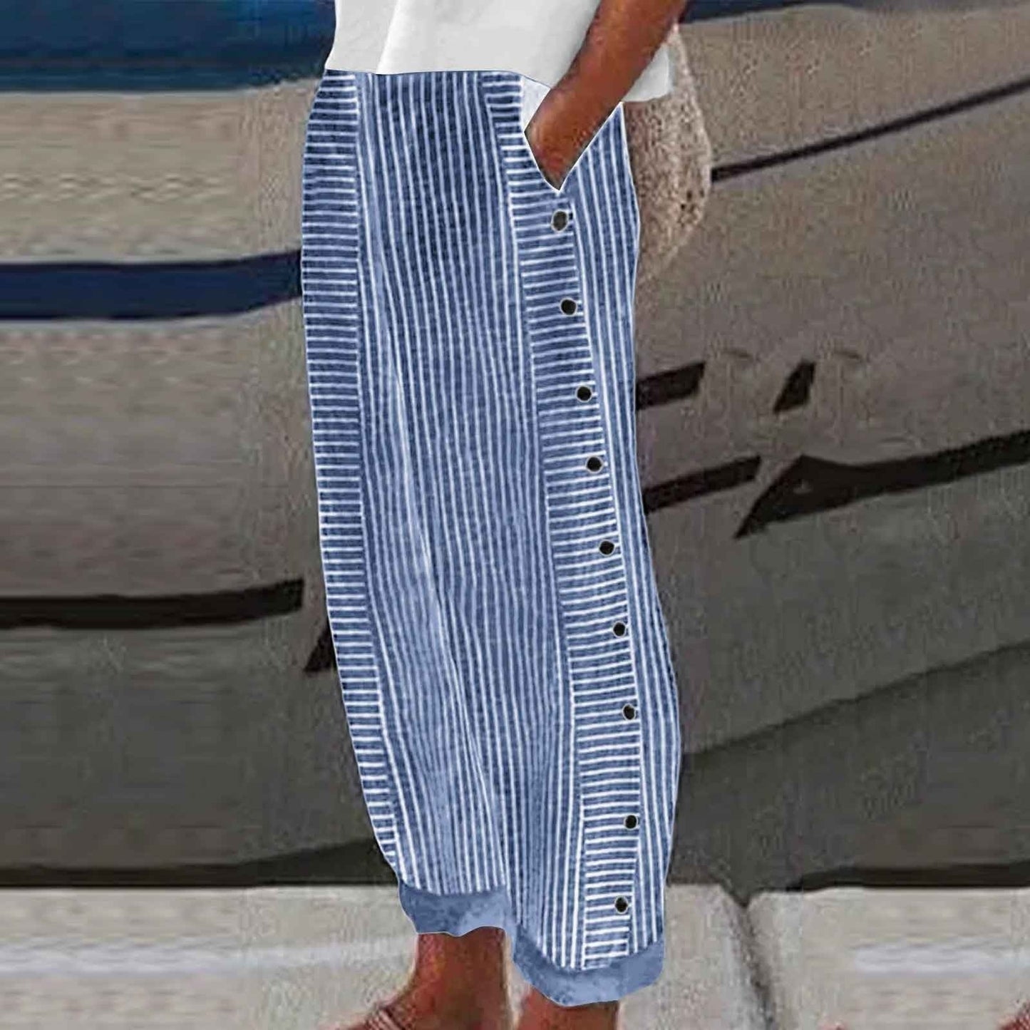 Striped Button-Accent Pants