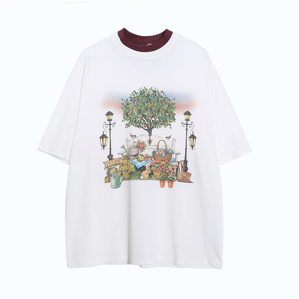 Vintage Style Grandma's Garden Landscape Oil Painting Short Sleeve T-Shirt