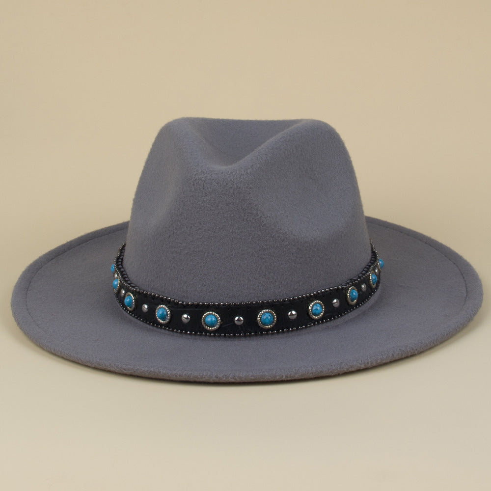 Bohemian Style Woven Leather Belt Denim Fur Felt Hat