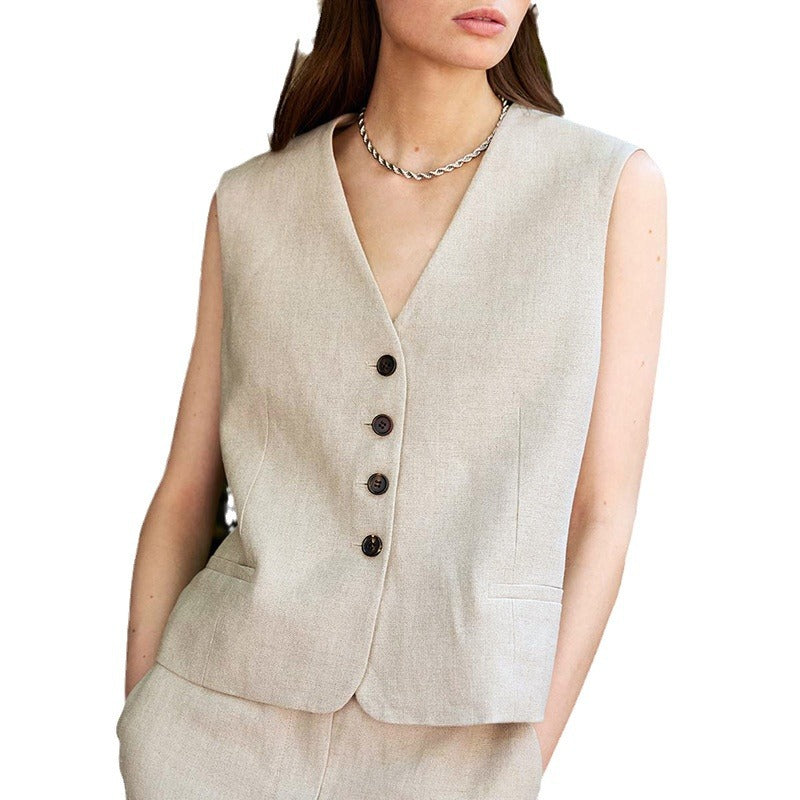 Fashionable Sleeveless Top Single-breasted Contrast Color Women's Vest