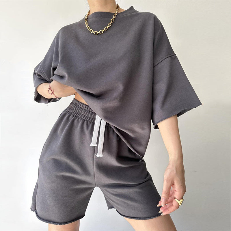 Suit Women's Half Sleeve Round Neck Loose Tether Two-piece Set