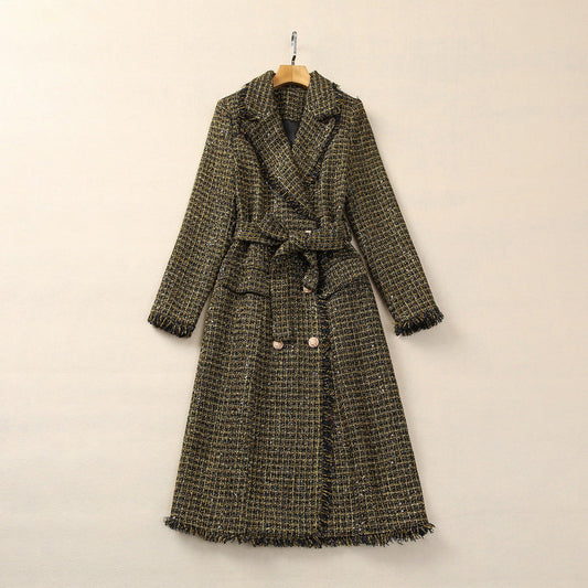 Tassel Suit Collar Long Sleeve Tiger Head Buckle Tweed Coat