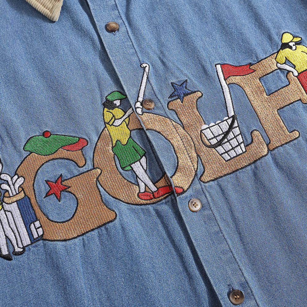 Funny Cartoon Embroidered Letter Denim Loose Shirt