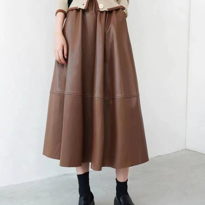 Leather Skirt Women's Mid-length A- Line High Waist Skirt