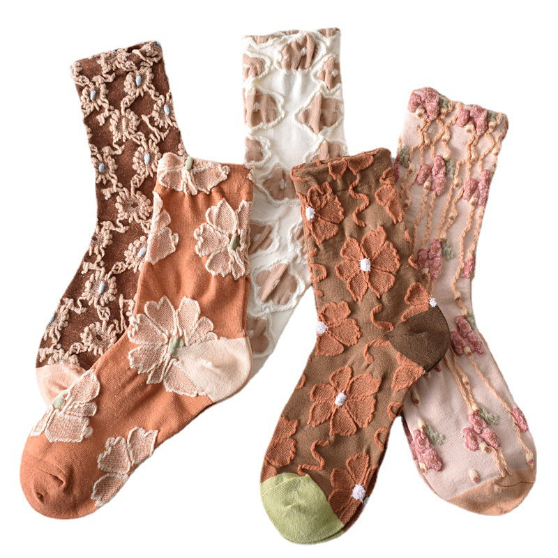 Women's Cotton Autumn And Winter New Embossed Three-dimensional Floral Socks