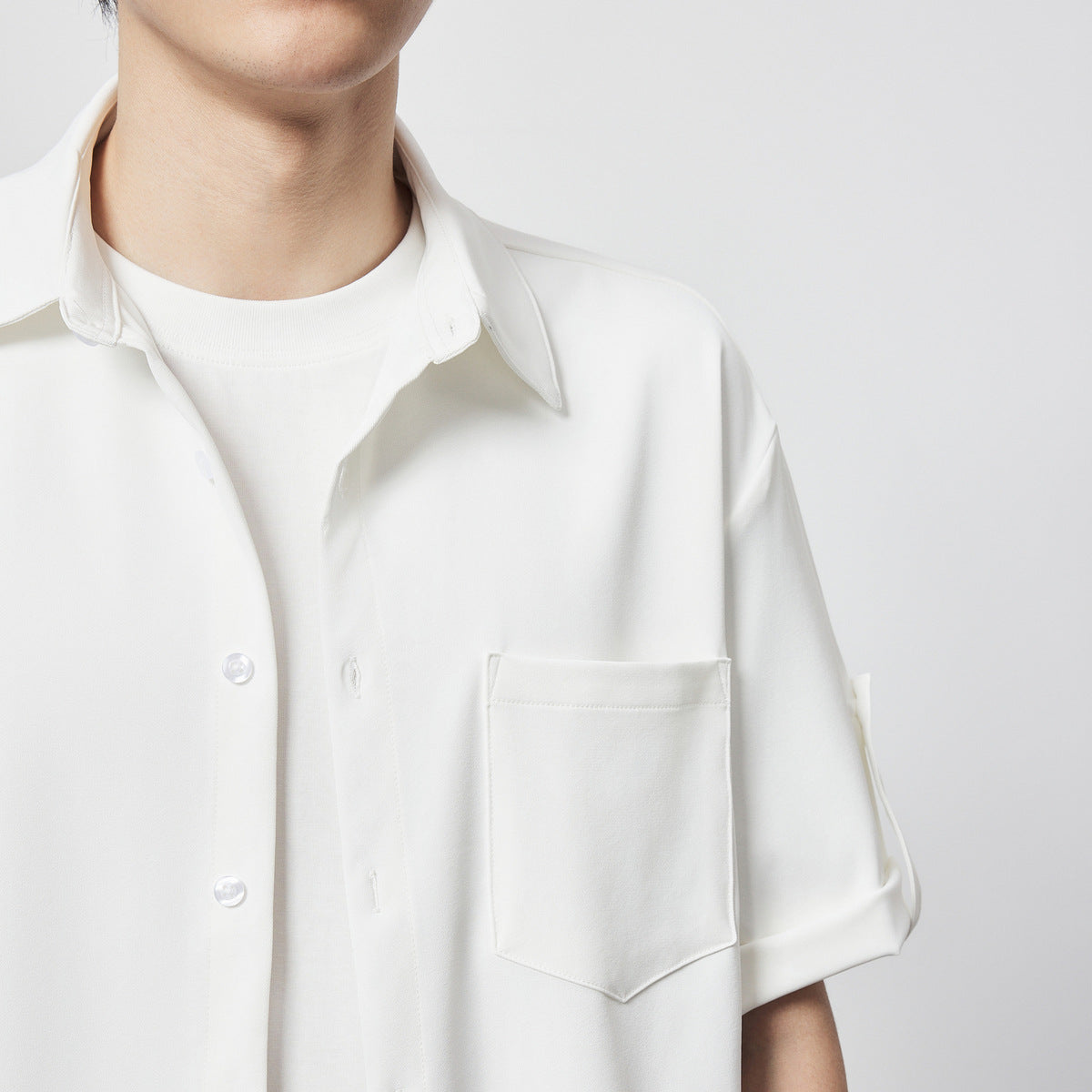 Minimalist Basic Solid Color Short Sleeve Shirt Loose Twill