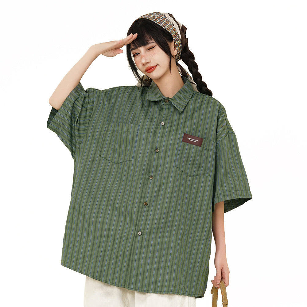 Vintage Style Vertical Striped Casual Short-sleeved Shirt