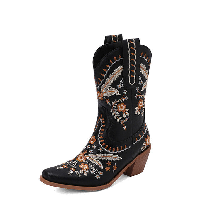 Western Embroidered Denim Retro Square Head High Leg Boot Thick