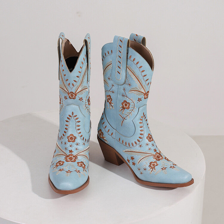 Western Embroidered Denim Retro Square Head High Leg Boot Thick