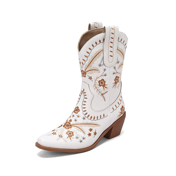 Western Embroidered Denim Retro Square Head High Leg Boot Thick