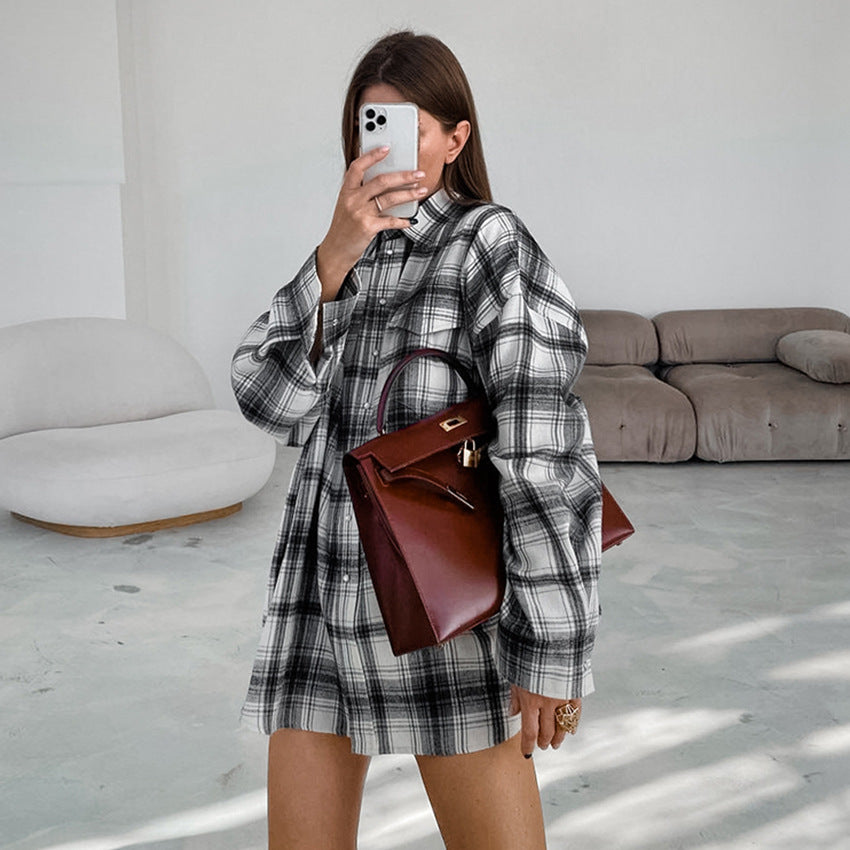 Black And White Plaid Shirt Loose Shacket Women's