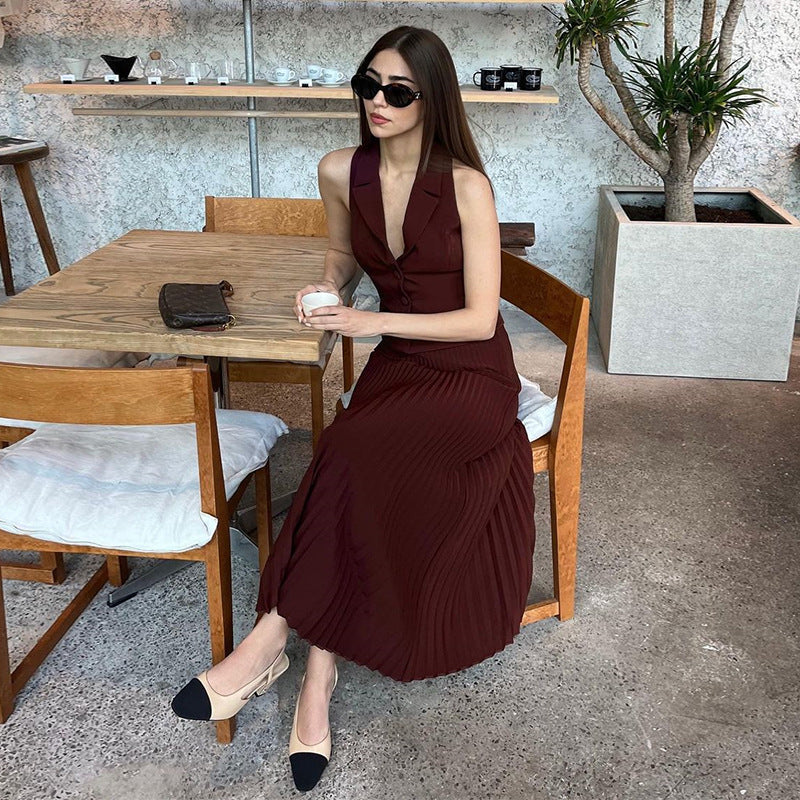 Top Mid Length Pleated Skirt Suit