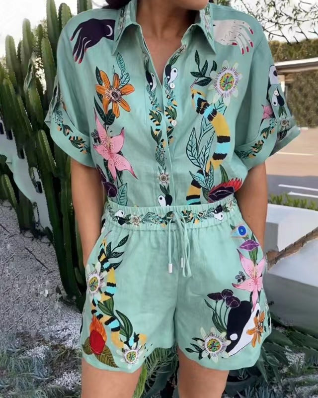 Women's Casual Cotton And Linen Printed Shirt And Shorts Two-piece Set