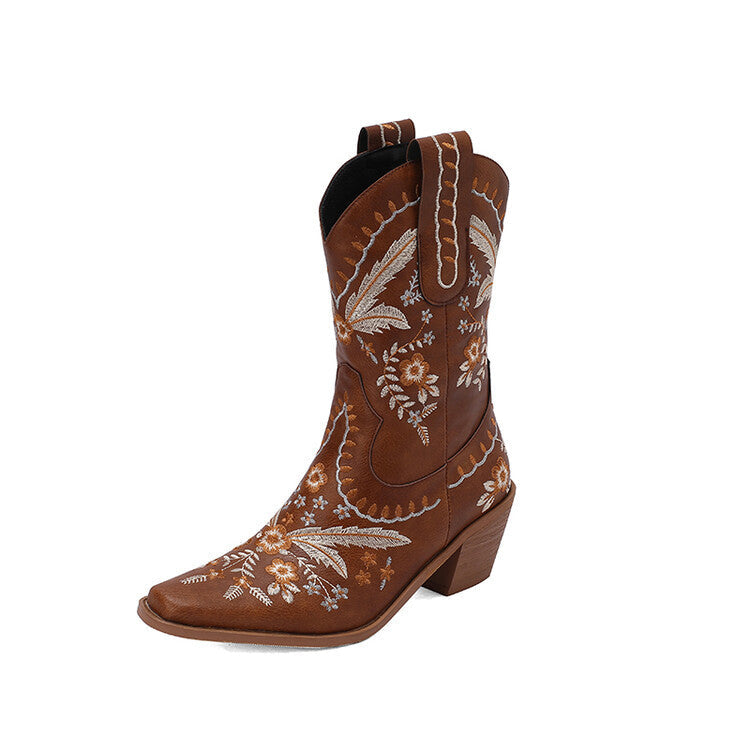 Western Embroidered Denim Retro Square Head High Leg Boot Thick