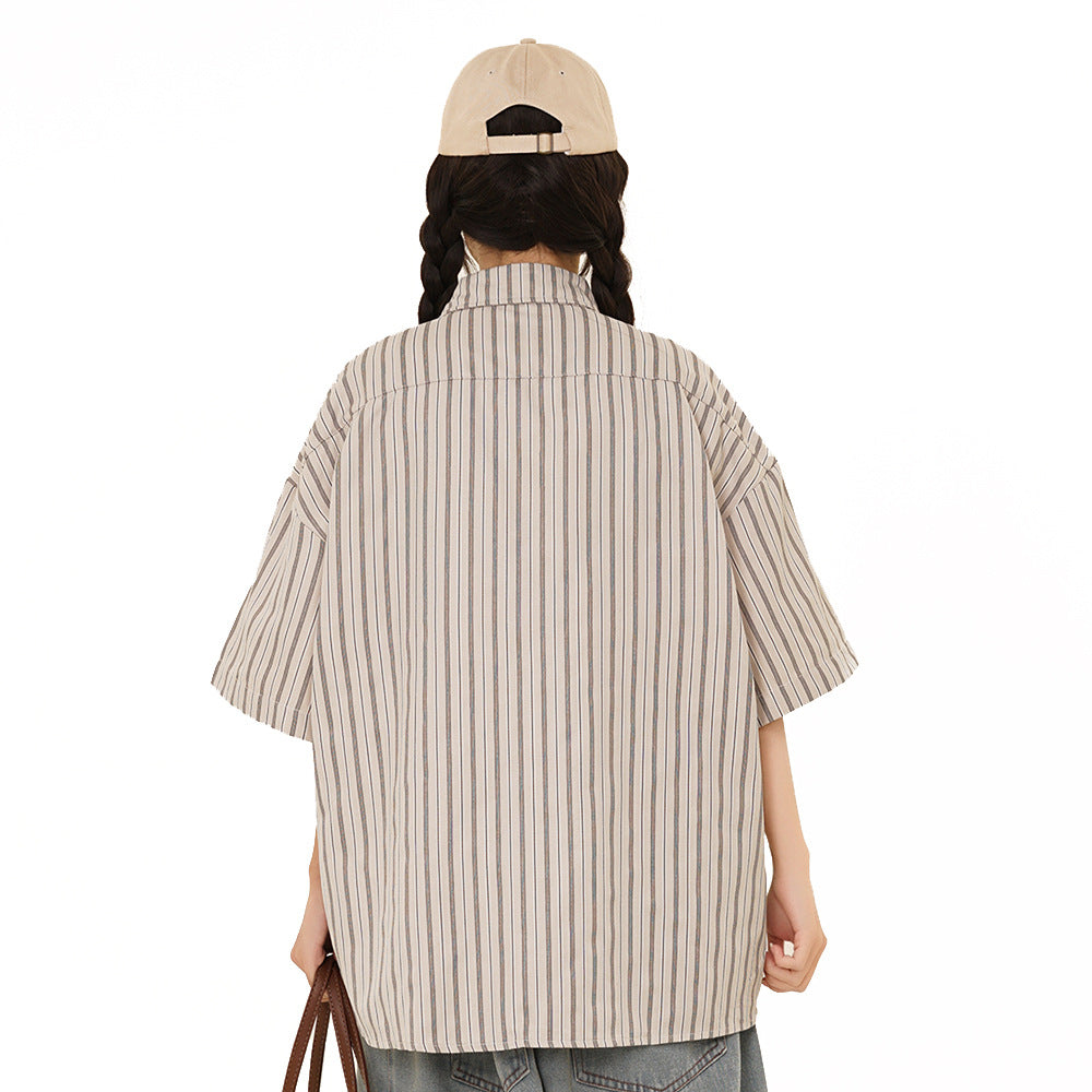 Vintage Style Vertical Striped Casual Short-sleeved Shirt