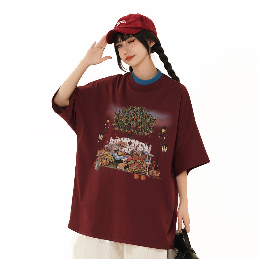 Vintage Style Grandma's Garden Landscape Oil Painting Short Sleeve T-Shirt