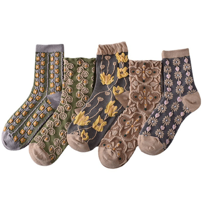 Cotton Socks Retro Court Three-dimensional Embossed Women's