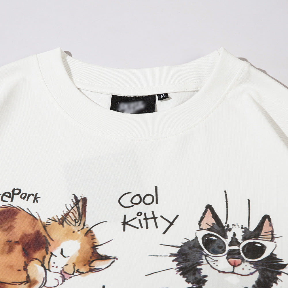 Vintage Cats Cartoon Animation Kitten Print Short Sleeve T-Shirt