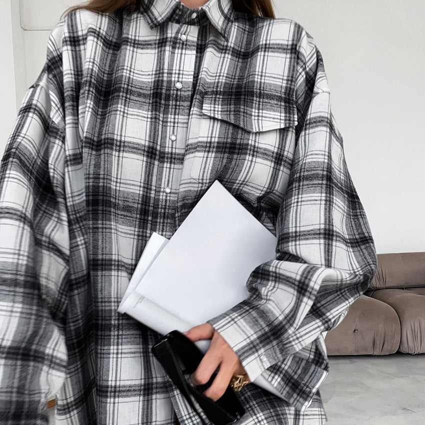 Black And White Plaid Shirt Loose Shacket Women's