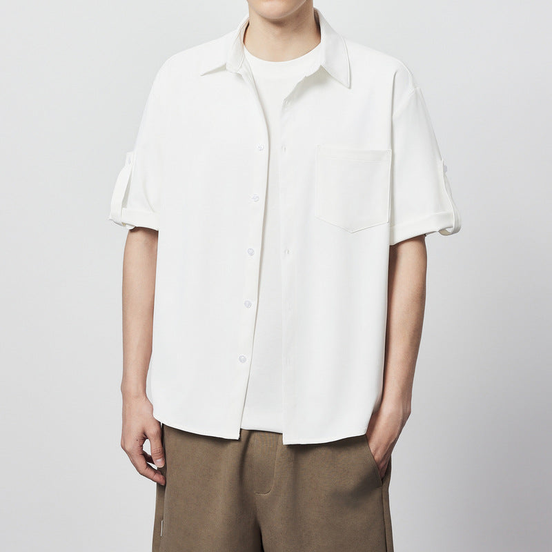 Minimalist Basic Solid Color Short Sleeve Shirt Loose Twill