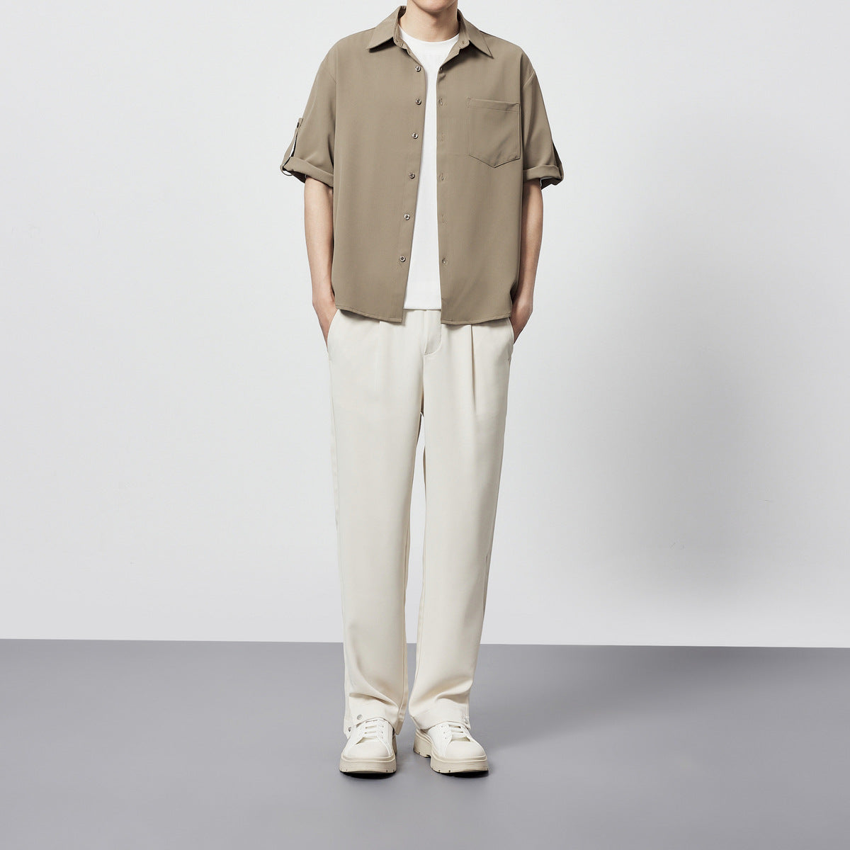 Minimalist Basic Solid Color Short Sleeve Shirt Loose Twill