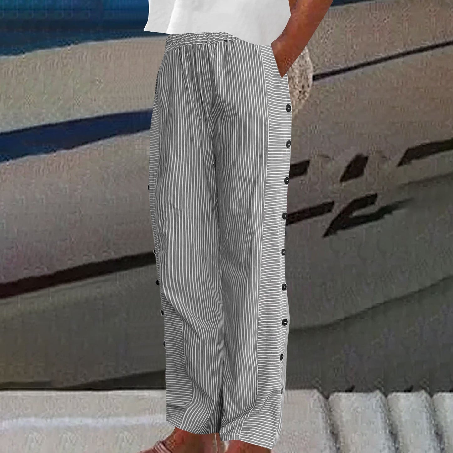Striped Button-Accent Pants