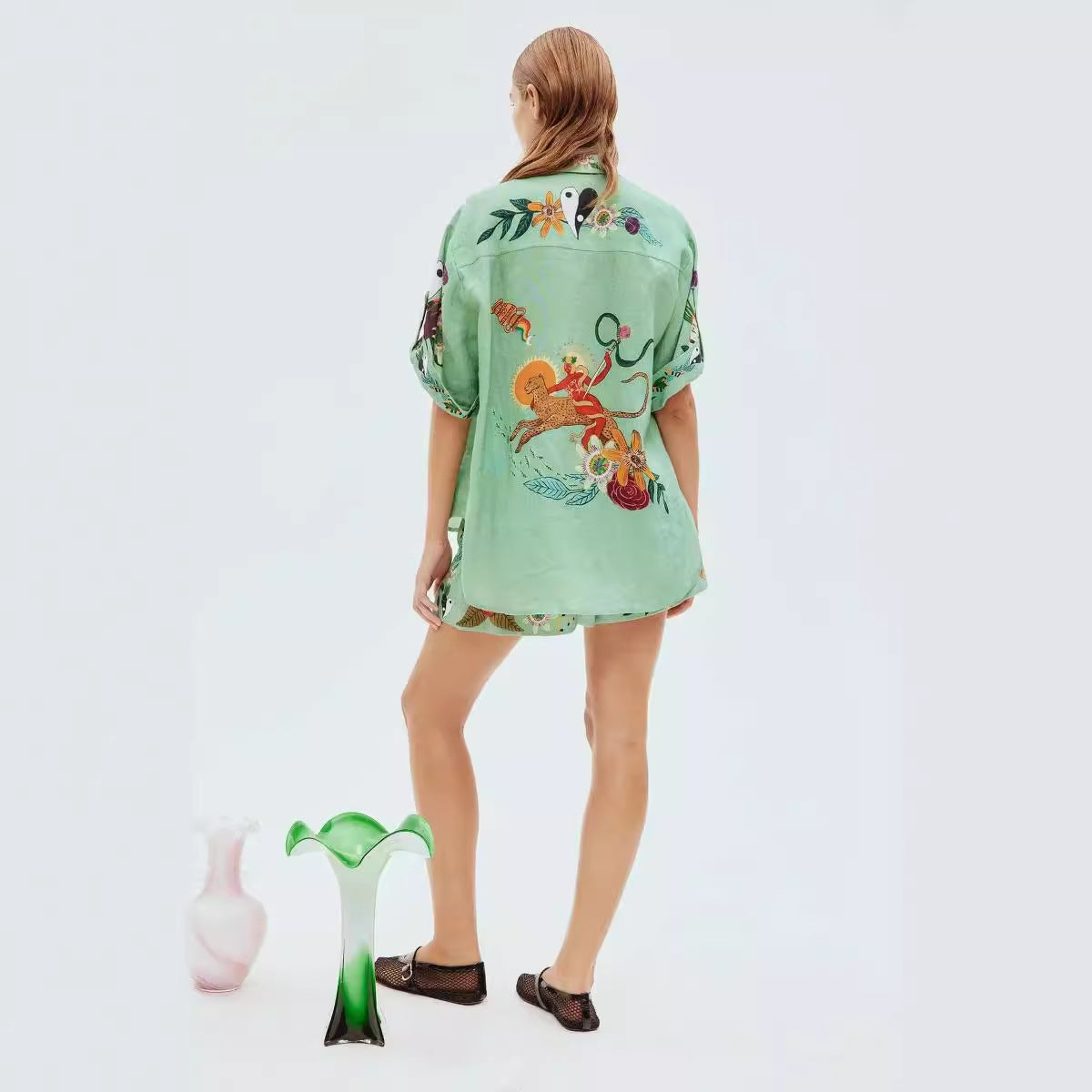 Women's Casual Cotton And Linen Printed Shirt And Shorts Two-piece Set