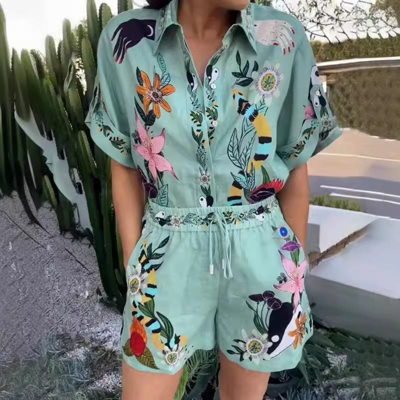 Women's Casual Cotton And Linen Printed Shirt And Shorts Two-piece Set