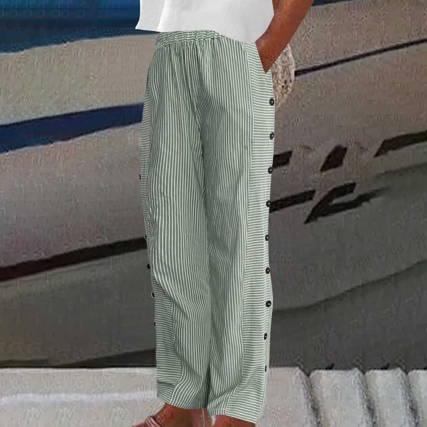 Striped Button-Accent Pants