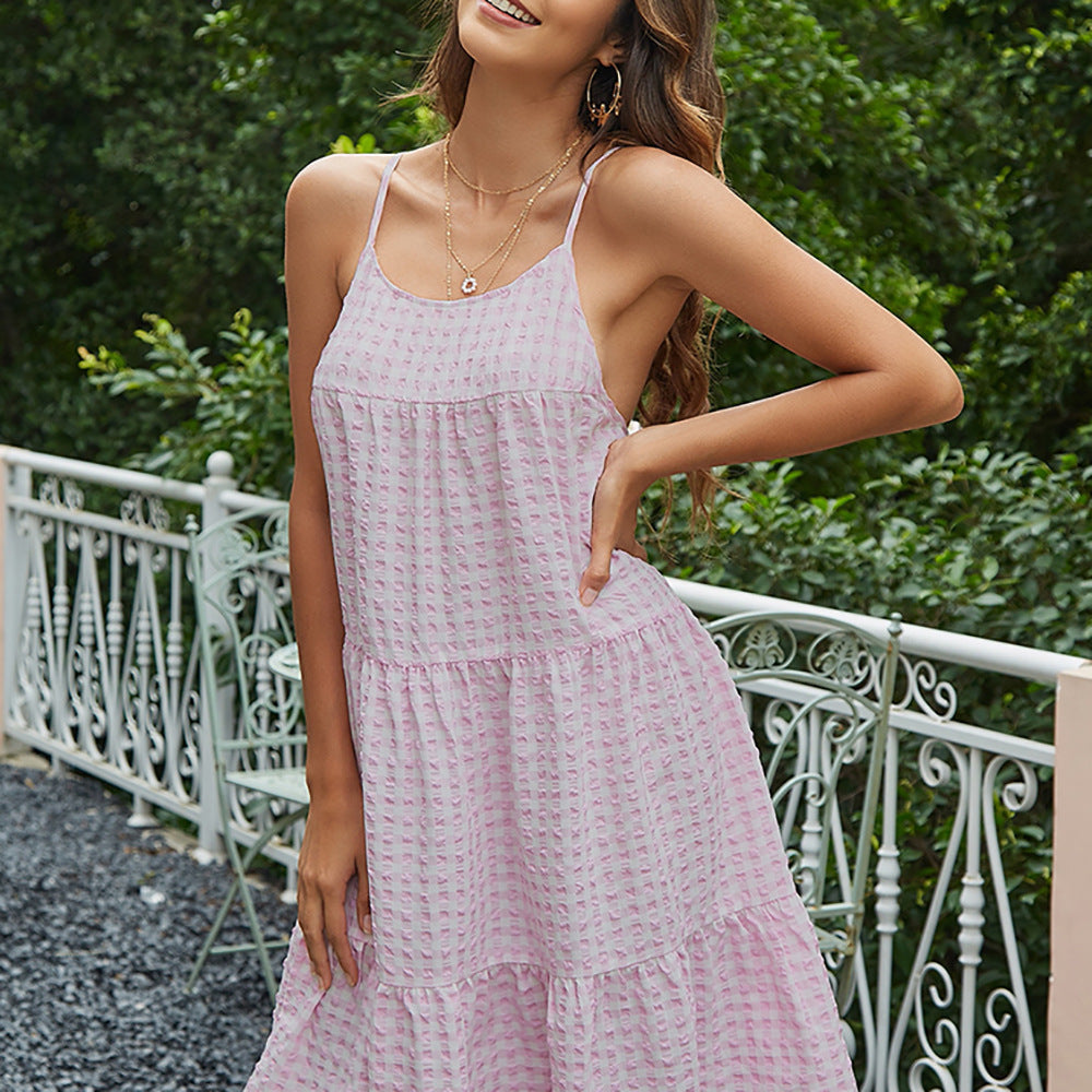 Pink Gingham Fashion Women's Wear Dress Printed Suspenders