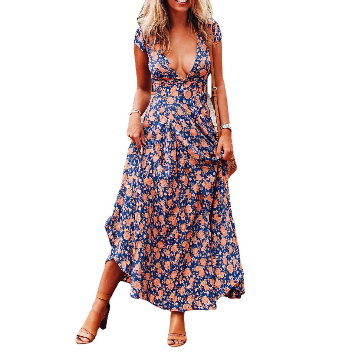 V-neck Small Floral Dress Leisure Holiday Split Large Swing Skirt