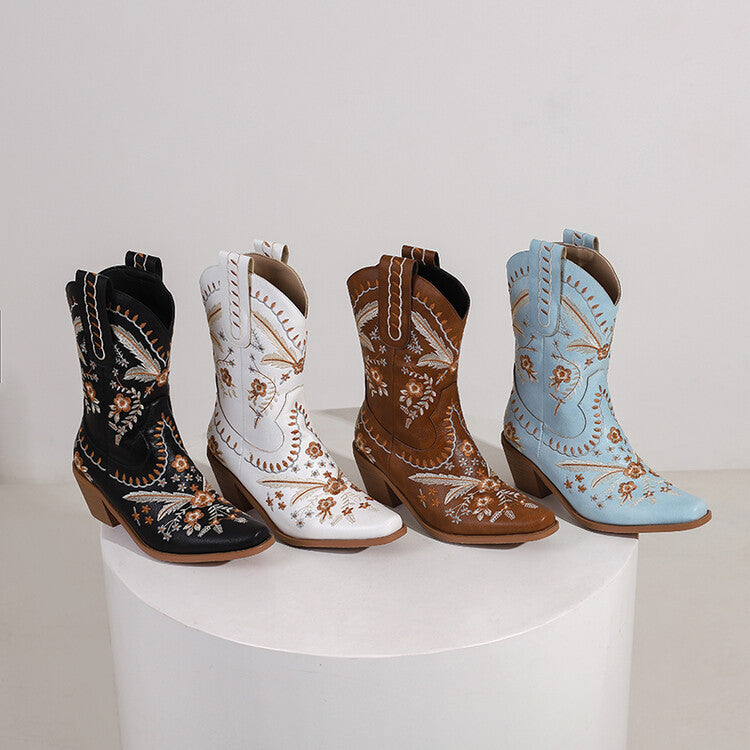 Western Embroidered Denim Retro Square Head High Leg Boot Thick