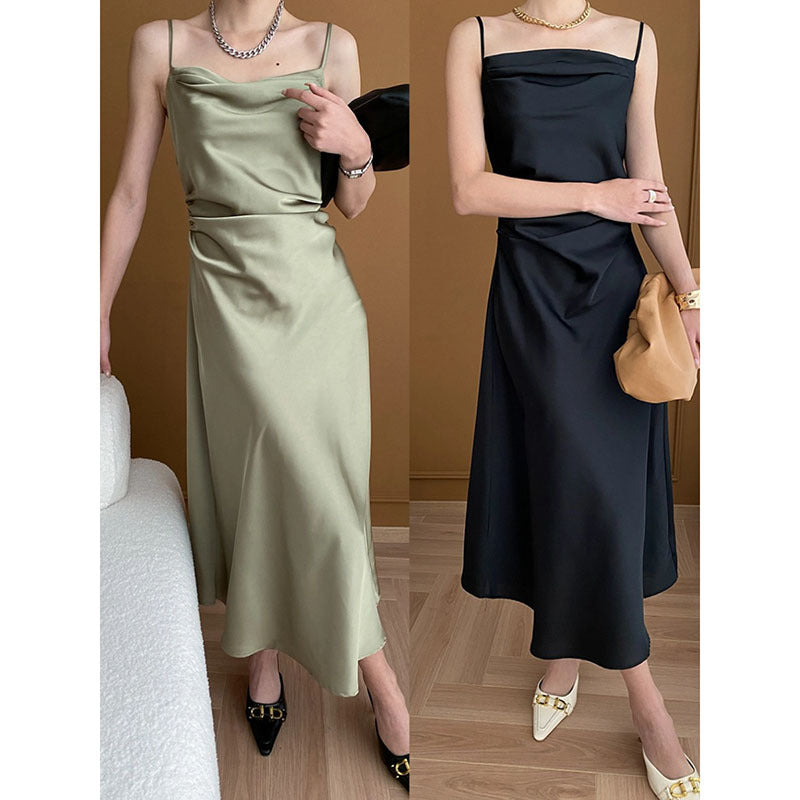 French Entry Lux High-grade Satin Waist Slimming Sling Dress