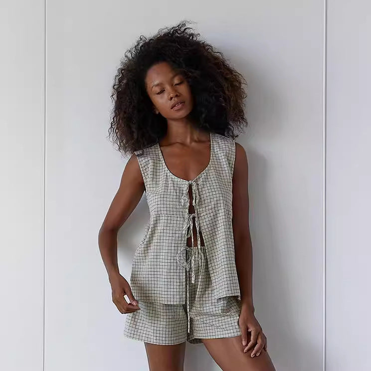 Women's Fashion Gingham Tie Top and Shorts Set