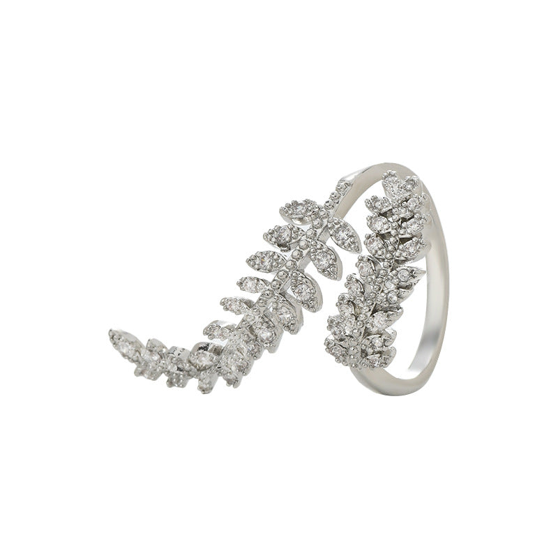 Micro-inlaid Diamond Fern Super Shiny Leaves Open Ring For Women