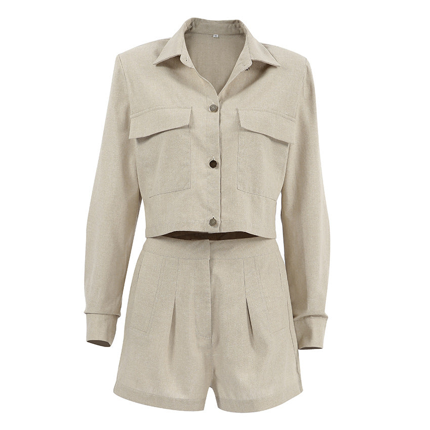 Khaki Cotton And Linen Lapel Long Sleeve Women's Suit