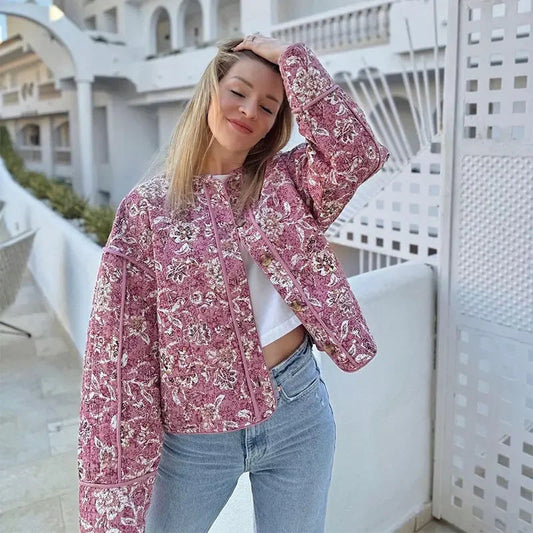 Women's Waist Street Flower Print Quilt Jacket