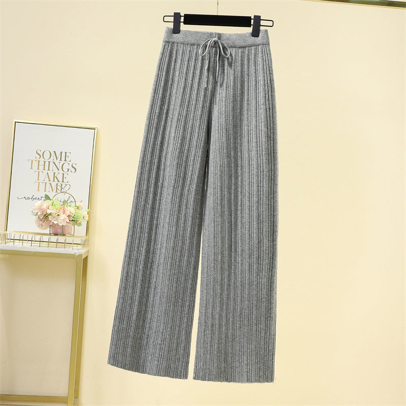 Elastic High Waist Pure Color Knitted Wide-leg Trousers