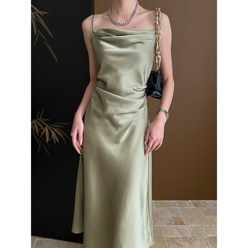 French Entry Lux High-grade Satin Waist Slimming Sling Dress