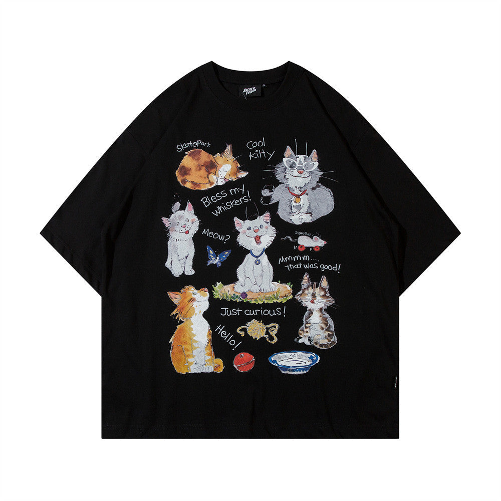 Vintage Cats Cartoon Animation Kitten Print Short Sleeve T-Shirt