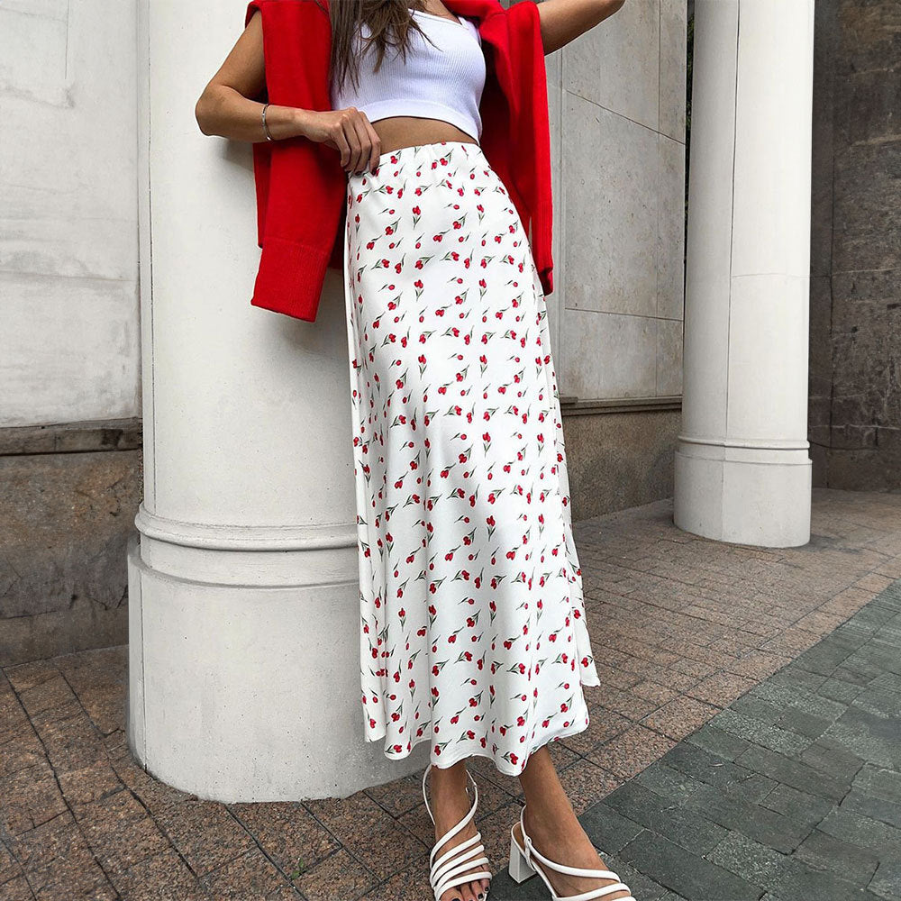 Spring Elegant High Waist A- Line Fishtail Cherry Printed Dress